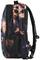 Plecak widziany z profilu, ozdobiony czarno-różowym wzorem. Widoczne są regulowane szelki oraz boczna kieszeń siatkowa.