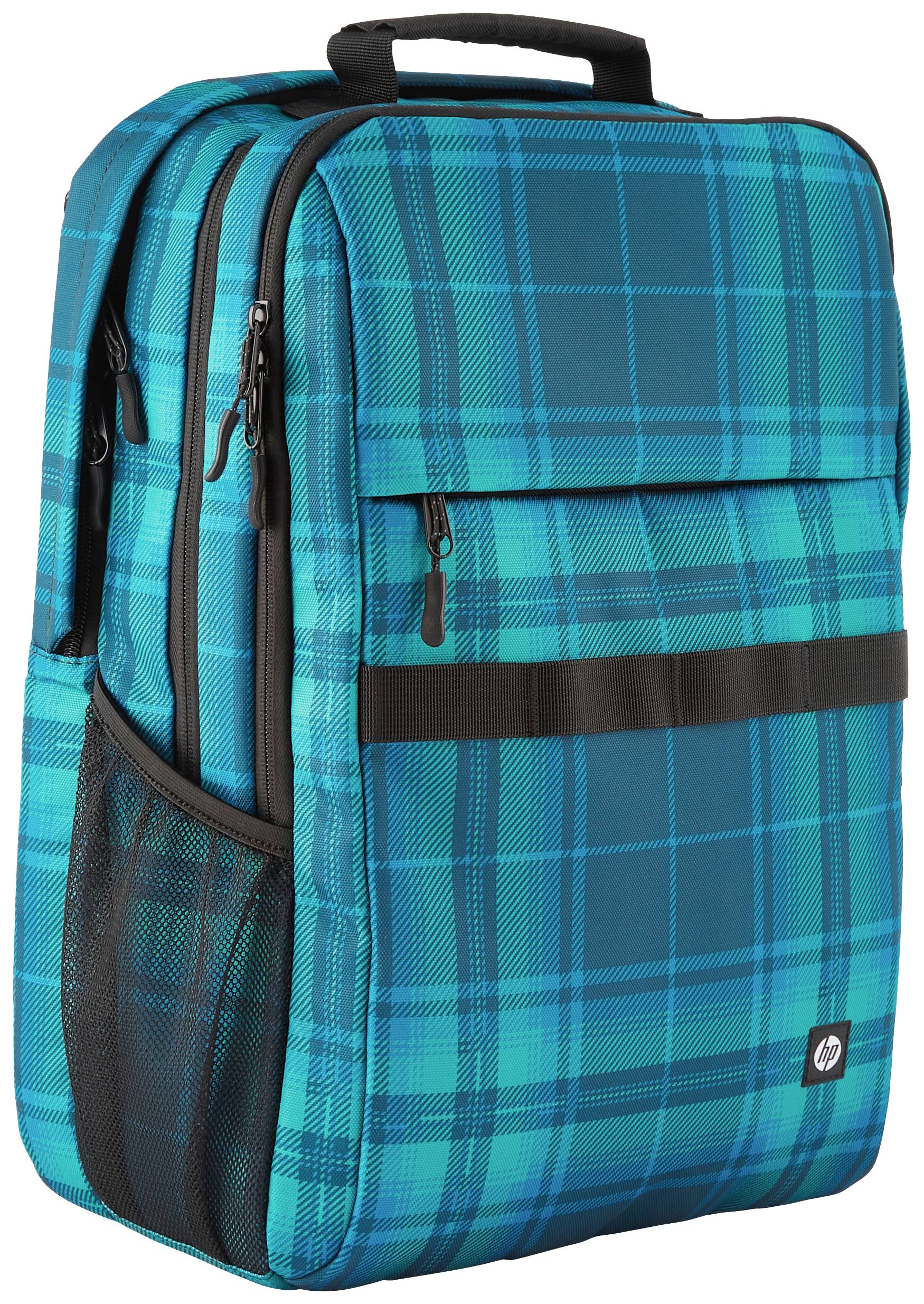 Turkusowy plecak w kratę z wieloma przegródkami i bocznym uchwytem na siatkę. Idealny do noszenia laptopa i do codziennego użytku.
