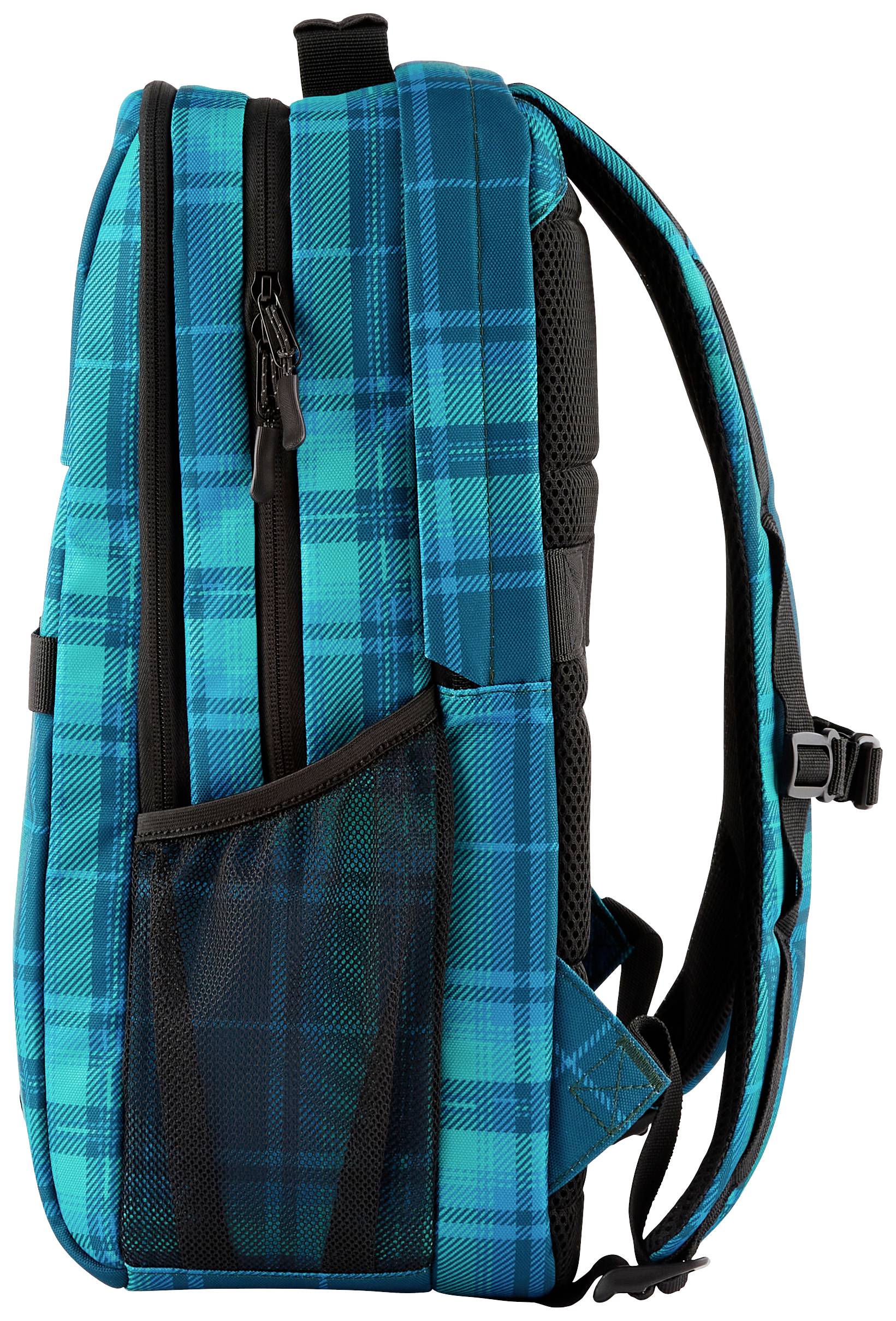 Niebieski plecak w kratę widziany z boku, prezentujący kieszeń siatkową i zamek błyskawiczny.