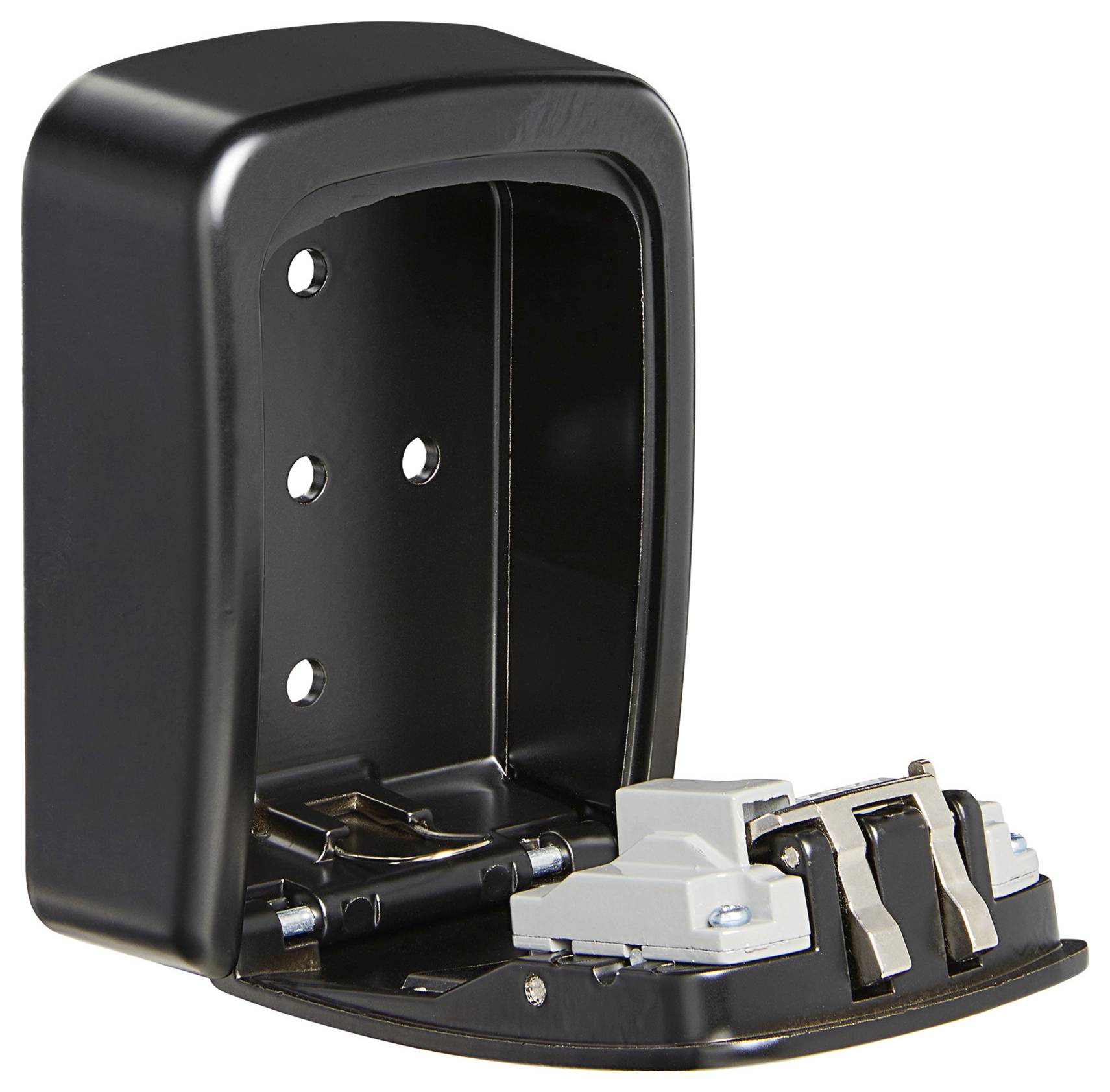 Czarny, pusty sejf z otwartymi drzwiami, ukazujący wewnętrzne otwory mocujące i mechanizm zamka.