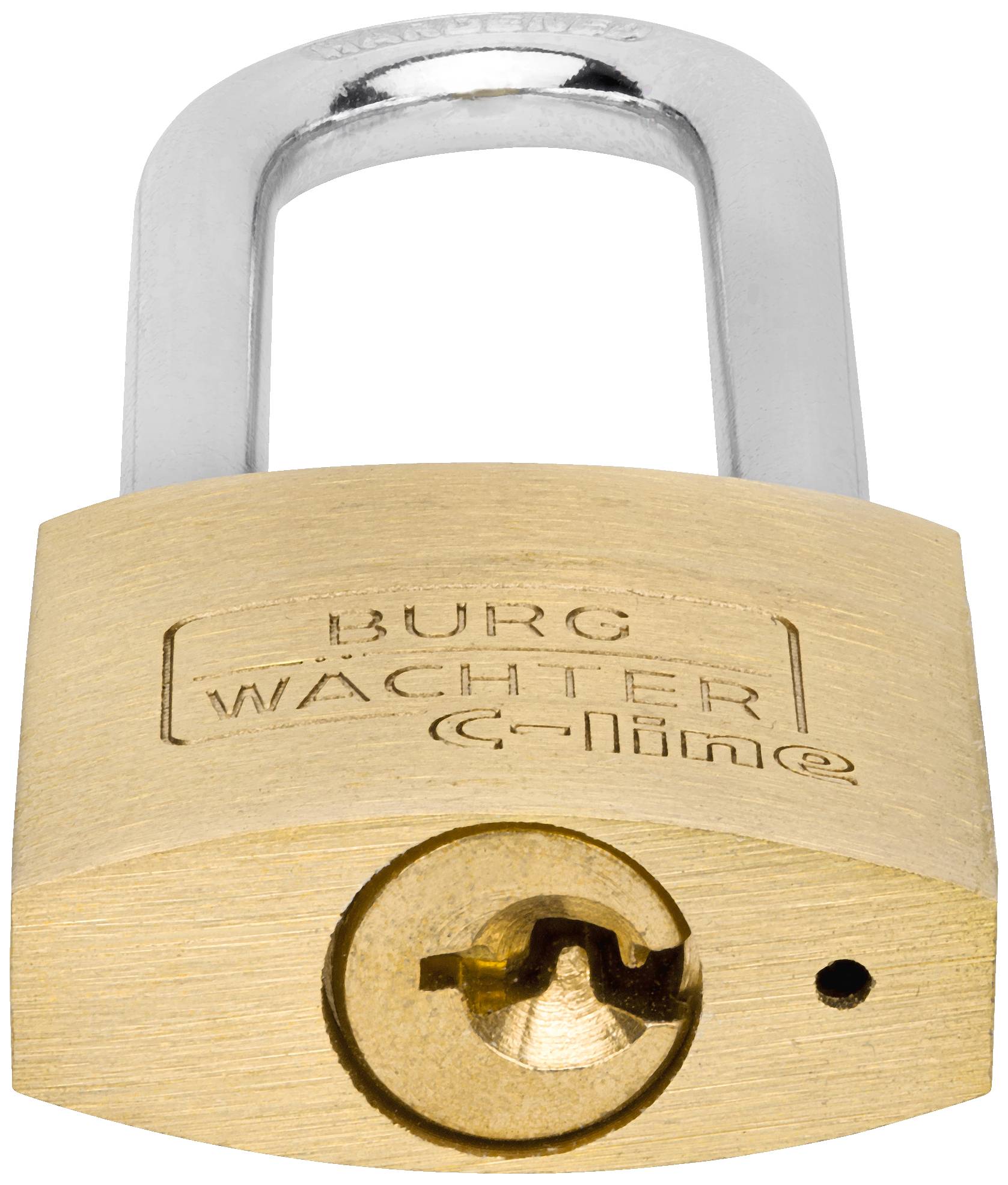 Mosiężna kłódka z srebrnym trzpieniem, na którym widnieje napis 'Burg Wächter C-line'. Główną cechą charakterystyczną jest wzornictwo zamka.