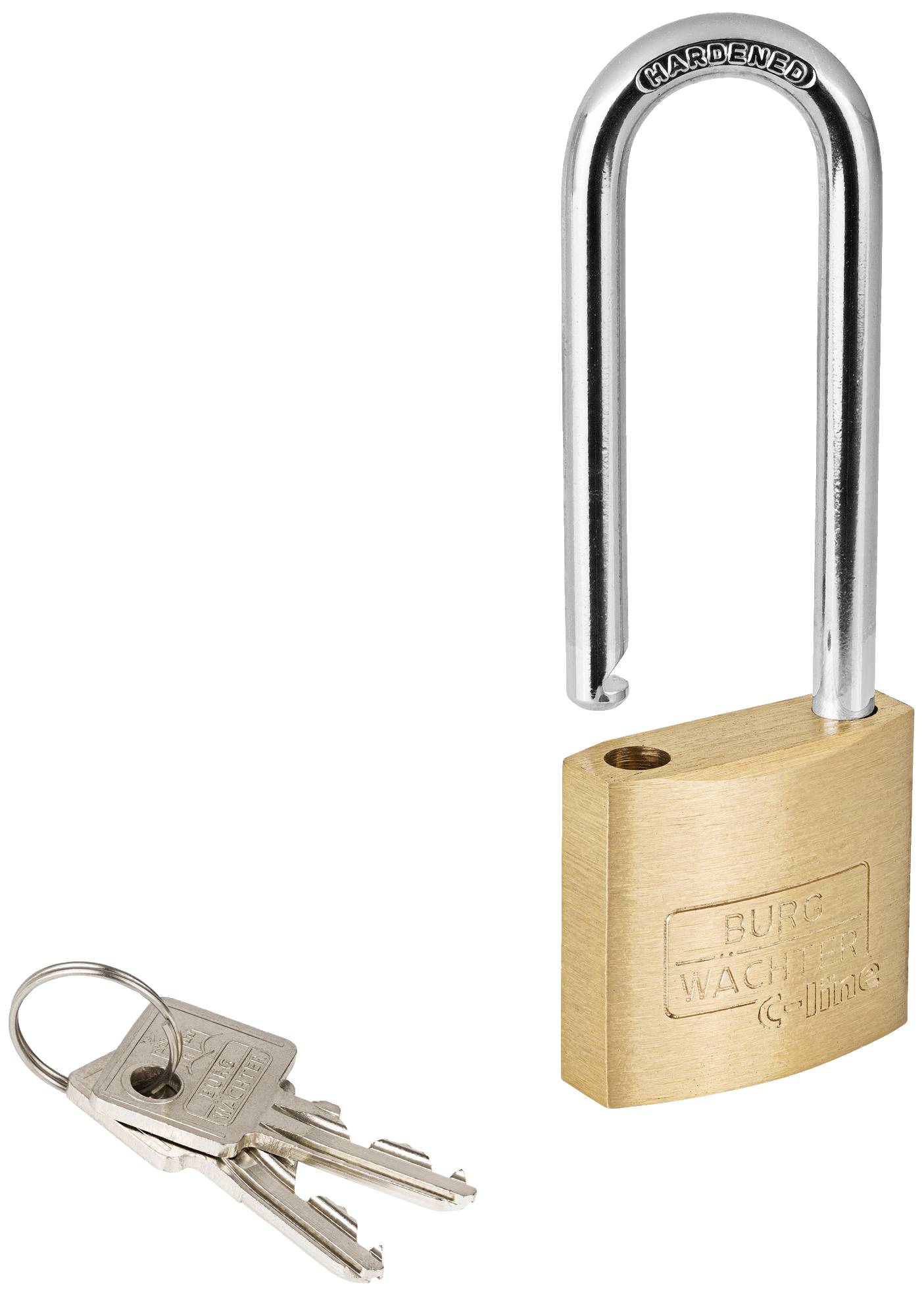 Otwarta kłódka z zestawem dwóch kluczy obok niej, na białym tle.
