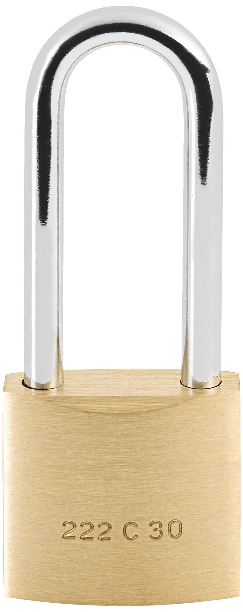 Mosiężna kłódka z grawerunkiem '222 C 30' u dołu korpusu zamka.
