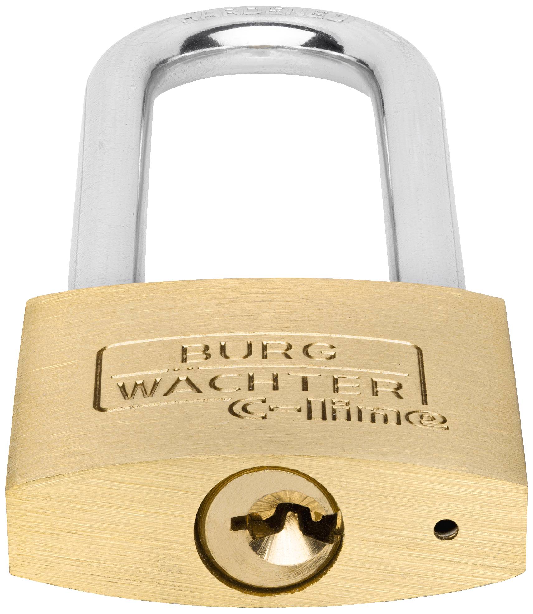 Mosiężna kłódka z srebrnym kabłąkiem. Na kłódce widnieje napis 'Burg Wächter C-Line'.