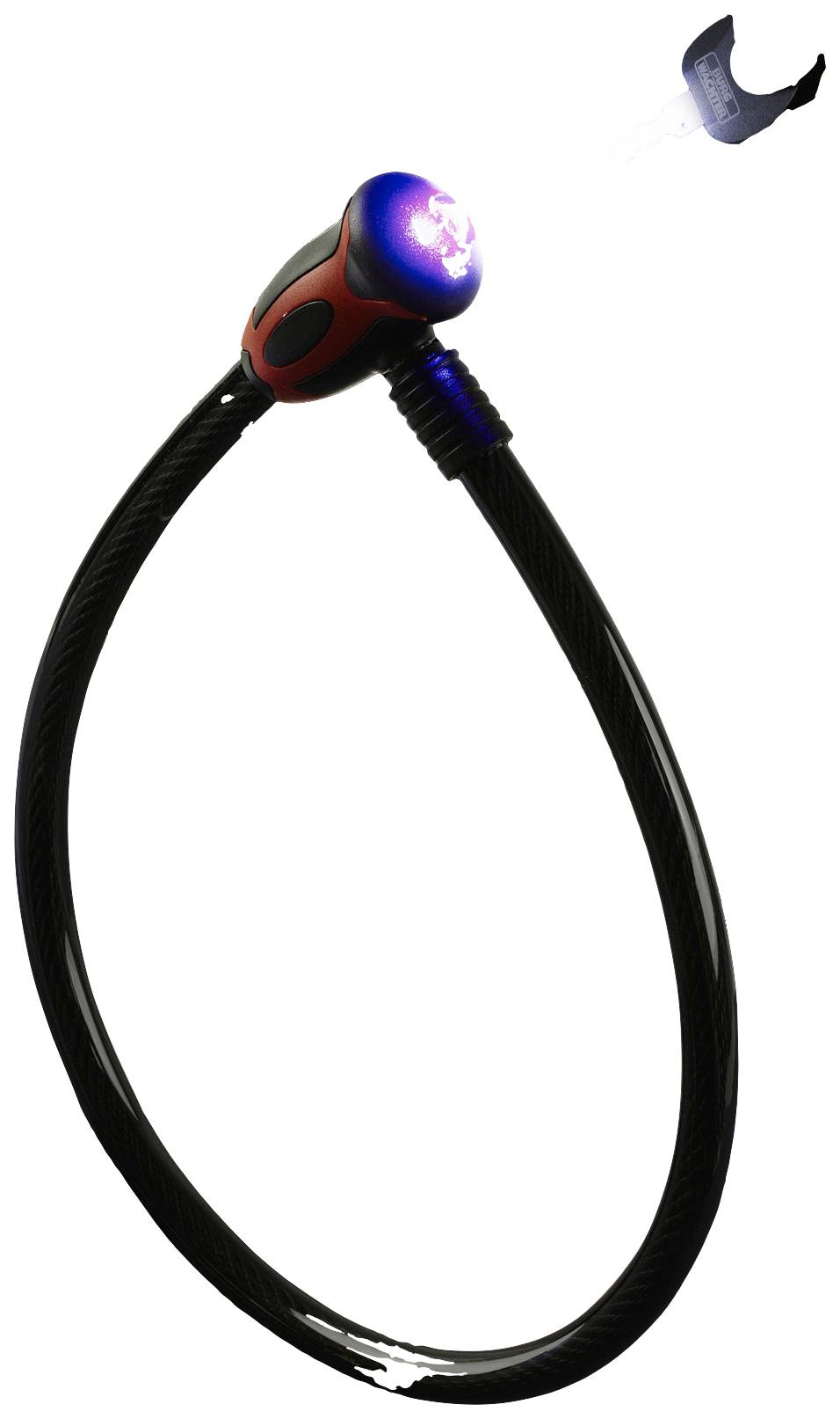 Czarny zamek kablowy z świecącym, czerwono-czarnym mechanizmem zamykającym. Mały, zawieszony w powietrzu klucz jest widoczny.