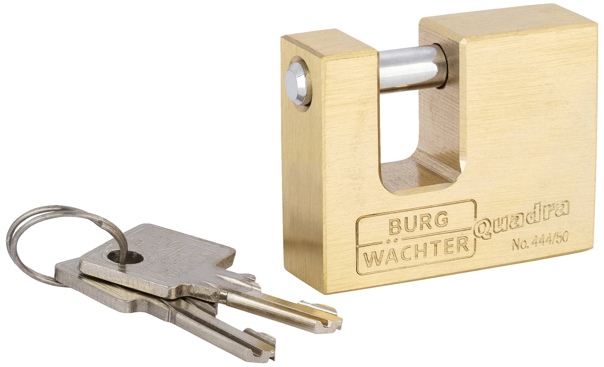 Mosiężna kłódka z otwartą formą strzemienia i dwoma metalowymi kluczami na jednym pierścieniu. Nazwa marki 'BURG WÄCHTER' na kłódce.