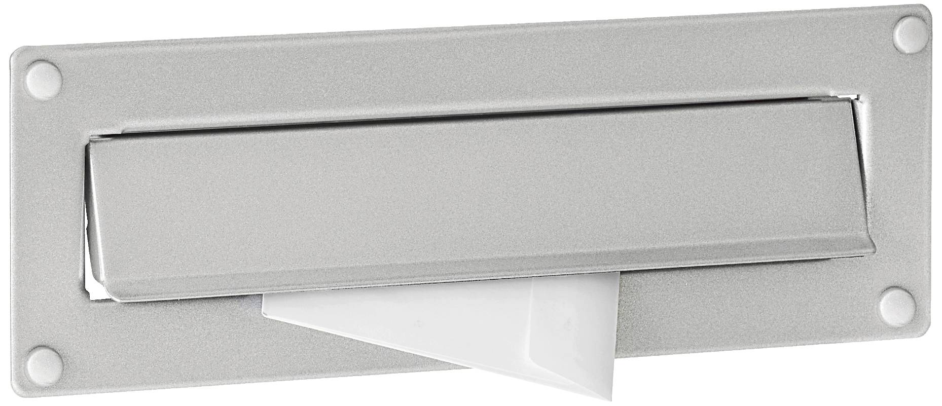 Szary otwór skrzynki pocztowej w drzwiach, lekko uchylony, z białym papierem wystającym na zewnątrz.