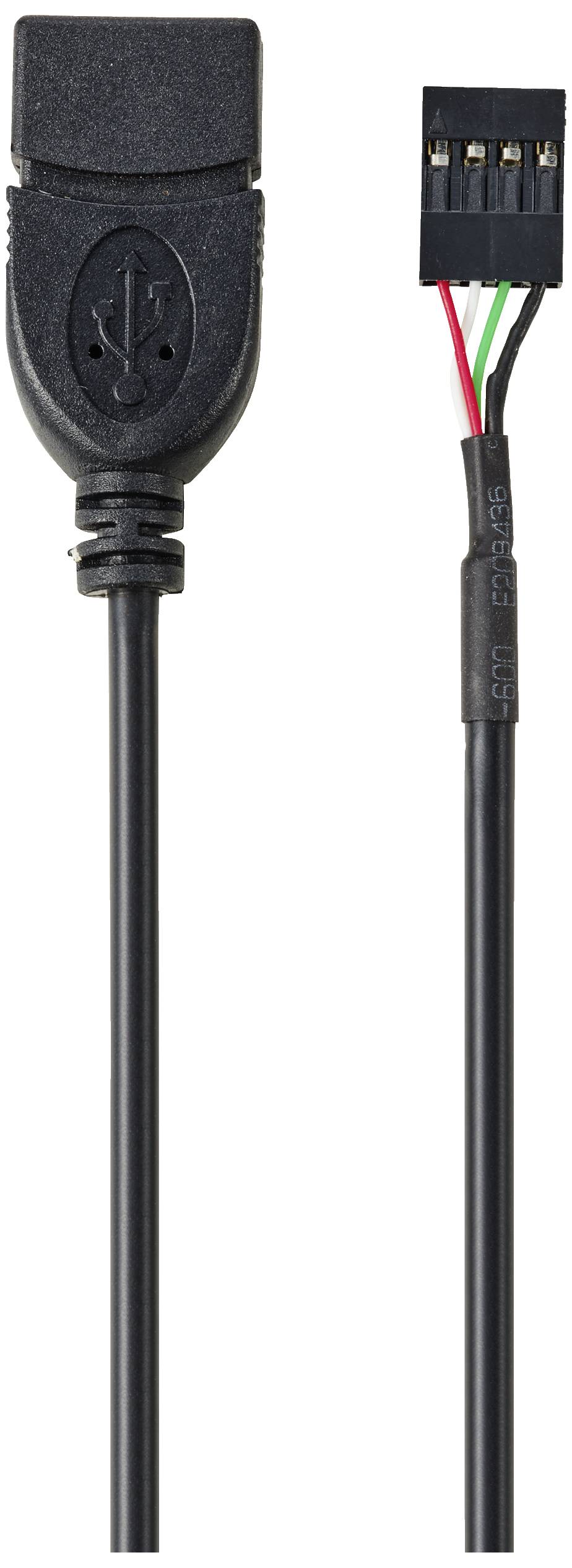 Kabel USB z czarną wtyczką z tworzywa sztucznego po lewej stronie i otwartym końcem z czterema przewodami (czerwony, biały, zielony, czarny) po prawej stronie.