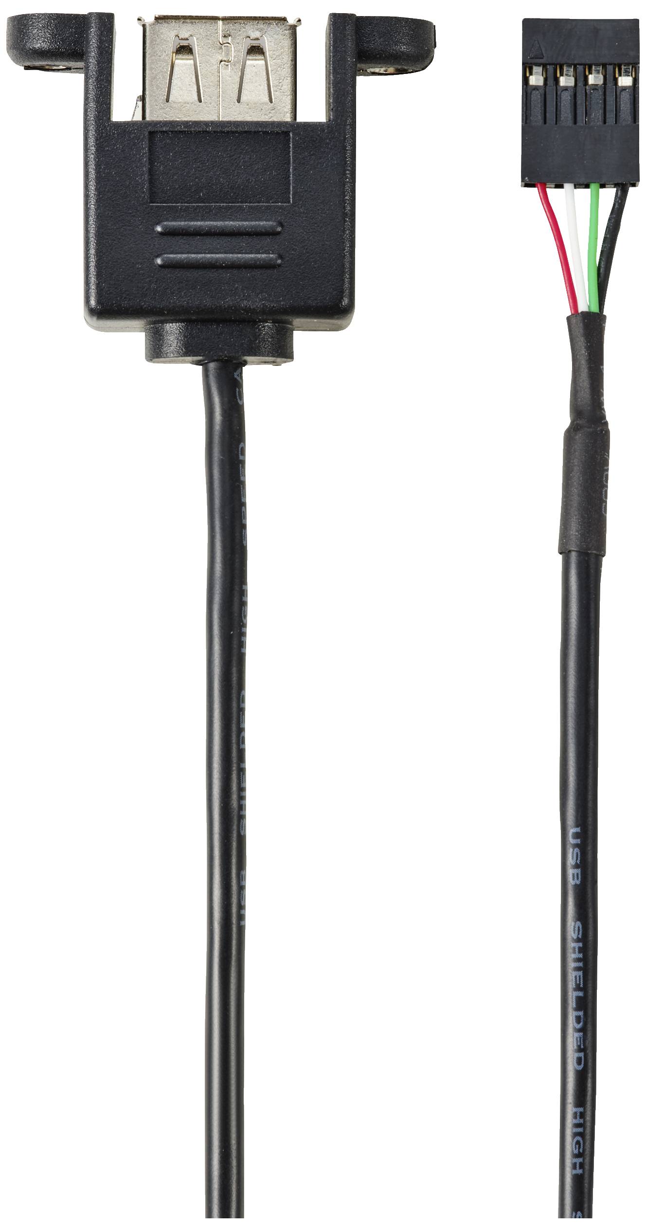 Kabel adaptera USB do płyty głównej z gniazdem USB po lewej stronie i 4-pinową wtyczką po prawej stronie, kabel w kolorze czarnym.