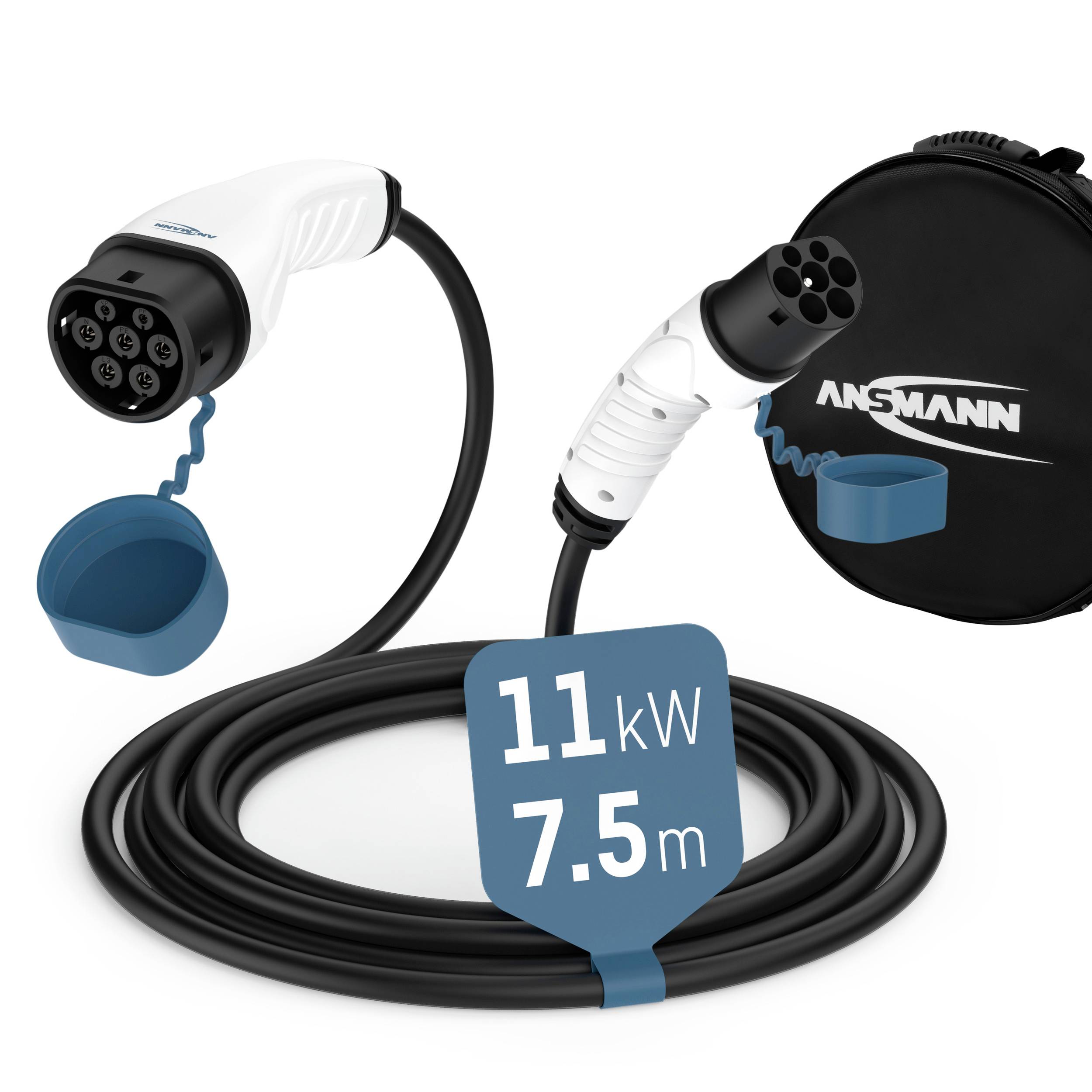 Ładowarka do pojazdów elektrycznych z przewodem i wtyczką, widoczne logo Ansmann. Napis '11 kW, 7.5 m'.