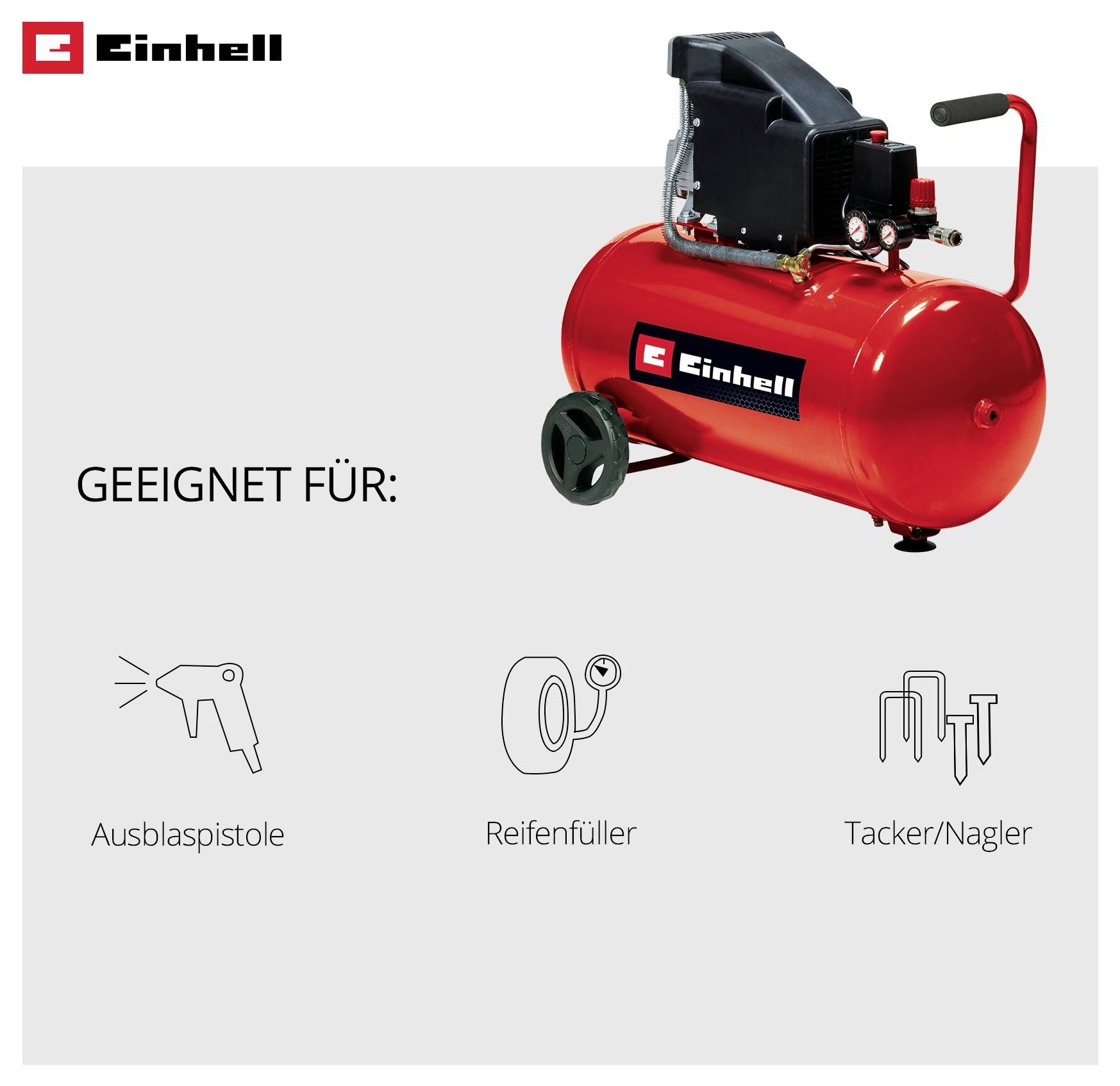 Kompressor Einhell, nadający się do pistoletu dmuchawki, napełniacza opon i zszywacza/gwoźdźnika.