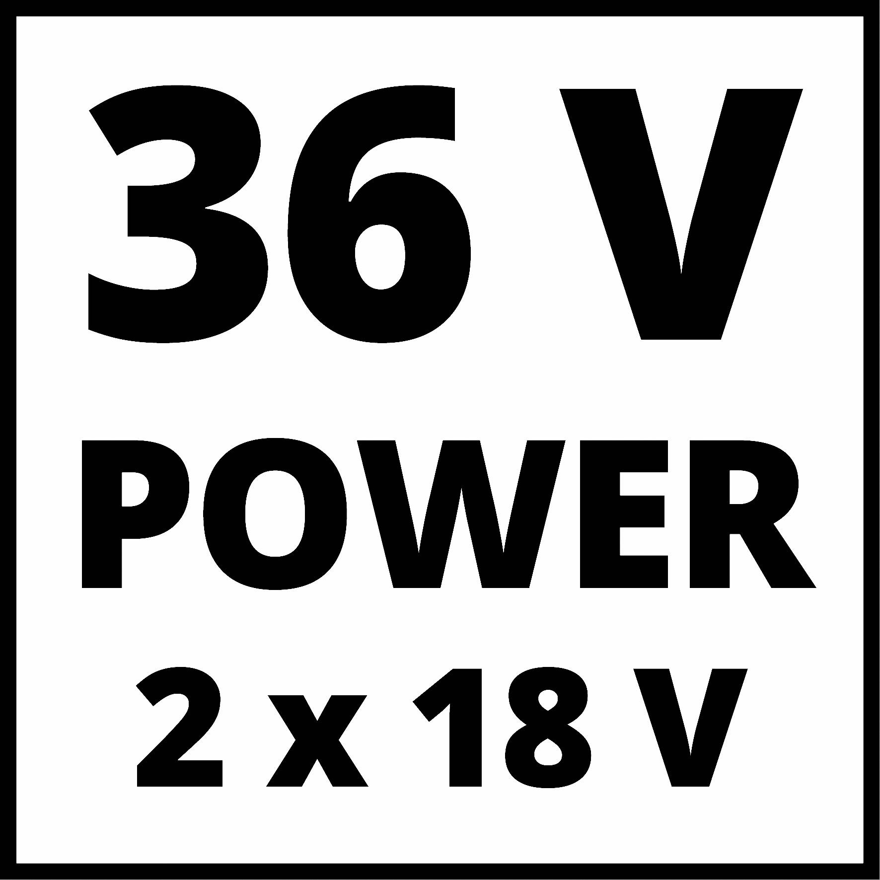36 V POWER 2 x 18 V, wytłuszczonymi czarnymi literami na białym tle. Wskazanie napięcia elektrycznego.