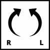 Dwa strzałki skierowane w przeciwnych kierunkach, z literą 'R' po lewej i 'L' po prawej stronie, symbolizują ruch lub rotację.