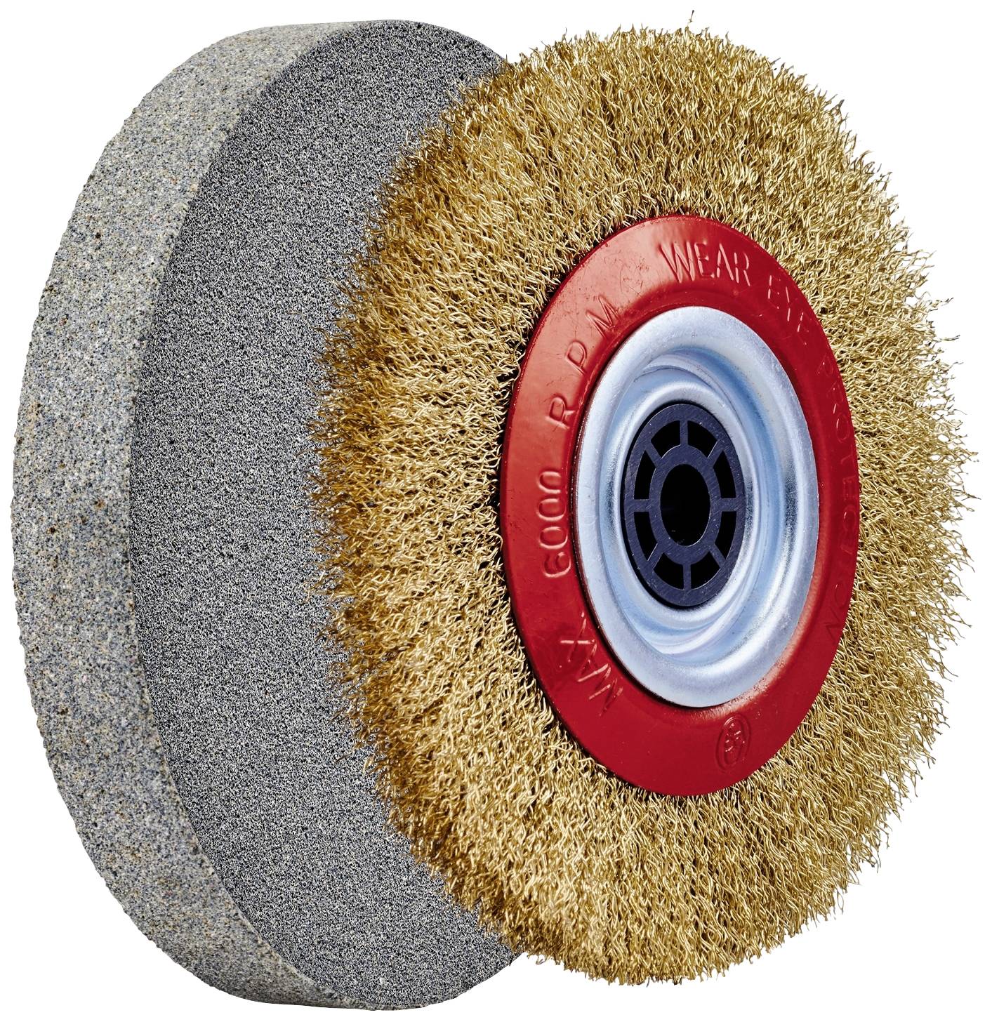 'Tarcza szlifierska' i 'tarcza druciana', obok siebie. Tarcza szlifierska jest wykonana z twardego, szarego materiału, a szczotka ma złote włosie.