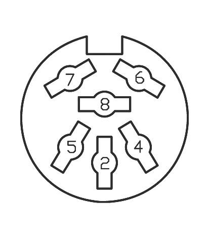 Schemat okrągłego 7-pinowego złącza z numerami od 1 do 8 przedstawiającymi rozmieszczenie pinów. Wypust na górze dla prawidłowego ustawienia.