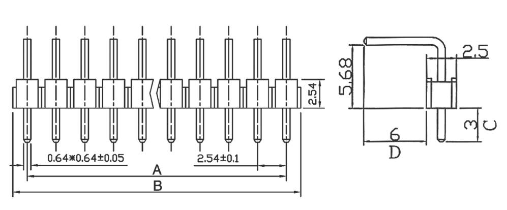 Rysunek techniczny złącza z podanymi wymiarami: szerokość 2,54 mm, wysokość 5,68 mm, rozstaw pinów 2,54 mm, średnica pinu 0,64 mm.