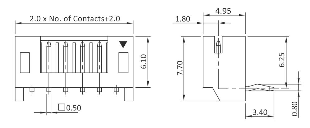 Rysunek techniczny złącza elektrycznego z wymiarami w milimetrach. Przedstawia widok z przodu i z boku wraz ze szczegółowymi wymiarami.