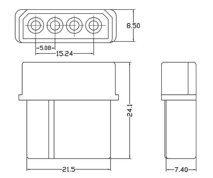 Rysunek techniczny prostokątnej wtyczki z czterema stykami. Wymiary: szerokość 15,24 mm, wysokość 8,50 mm, wysokość całkowita 24,1 mm.