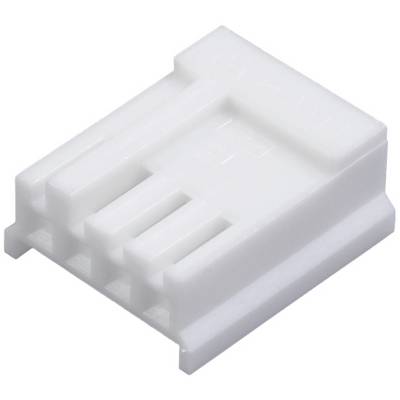 Biały wtyk plastikowy z czterema stykami, używany do połączeń elektrycznych i transmisji sygnałów w urządzeniach.