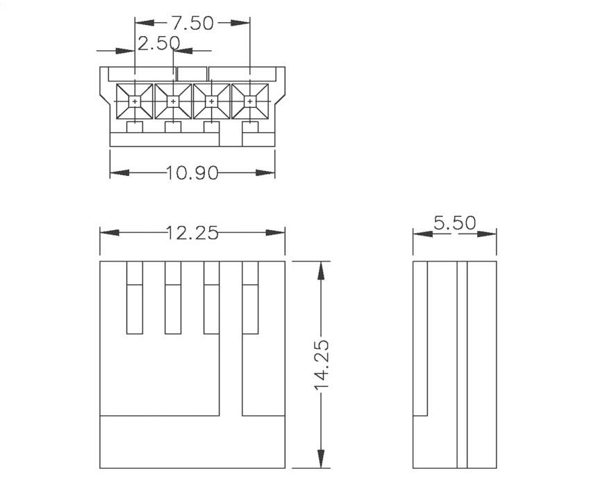 Rysunek techniczny prostokątnego złącza ze szczegółowymi wymiarami: szerokość 10,90 mm, wysokość 14,25 mm, głębokość 5,50 mm. Przedstawia widok szczegółowy.