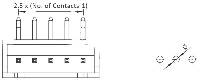 Diagram złącza z podanym wymiarem '2.5 x (liczba styków-1)'. Przedstawia pozycję i odległości między stykami oraz punktami montażowymi.