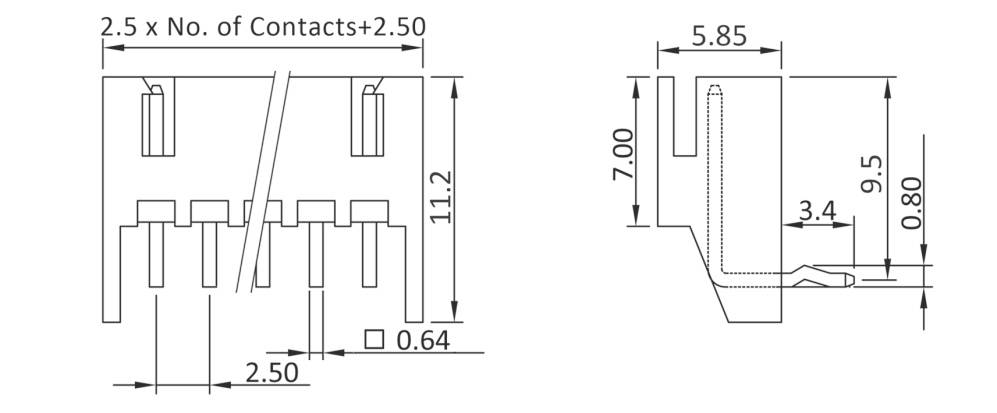 Rysunek techniczny złącza elektrycznego z wymiarami. Szerokość: 2,5 x liczba styków + 2,50, wysokość: 11,2, głębokość: 9,5 mm.