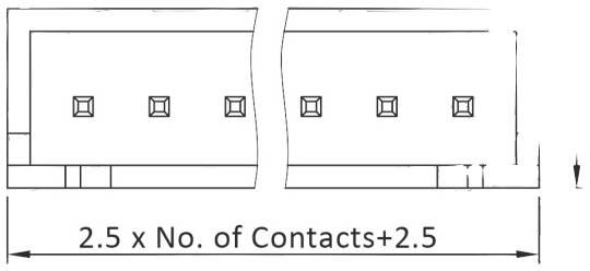 Rysunek techniczny złącza z pięcioma kwadratowymi stykami. Opis poniżej: '2,5 x Liczba styków + 2,5'.