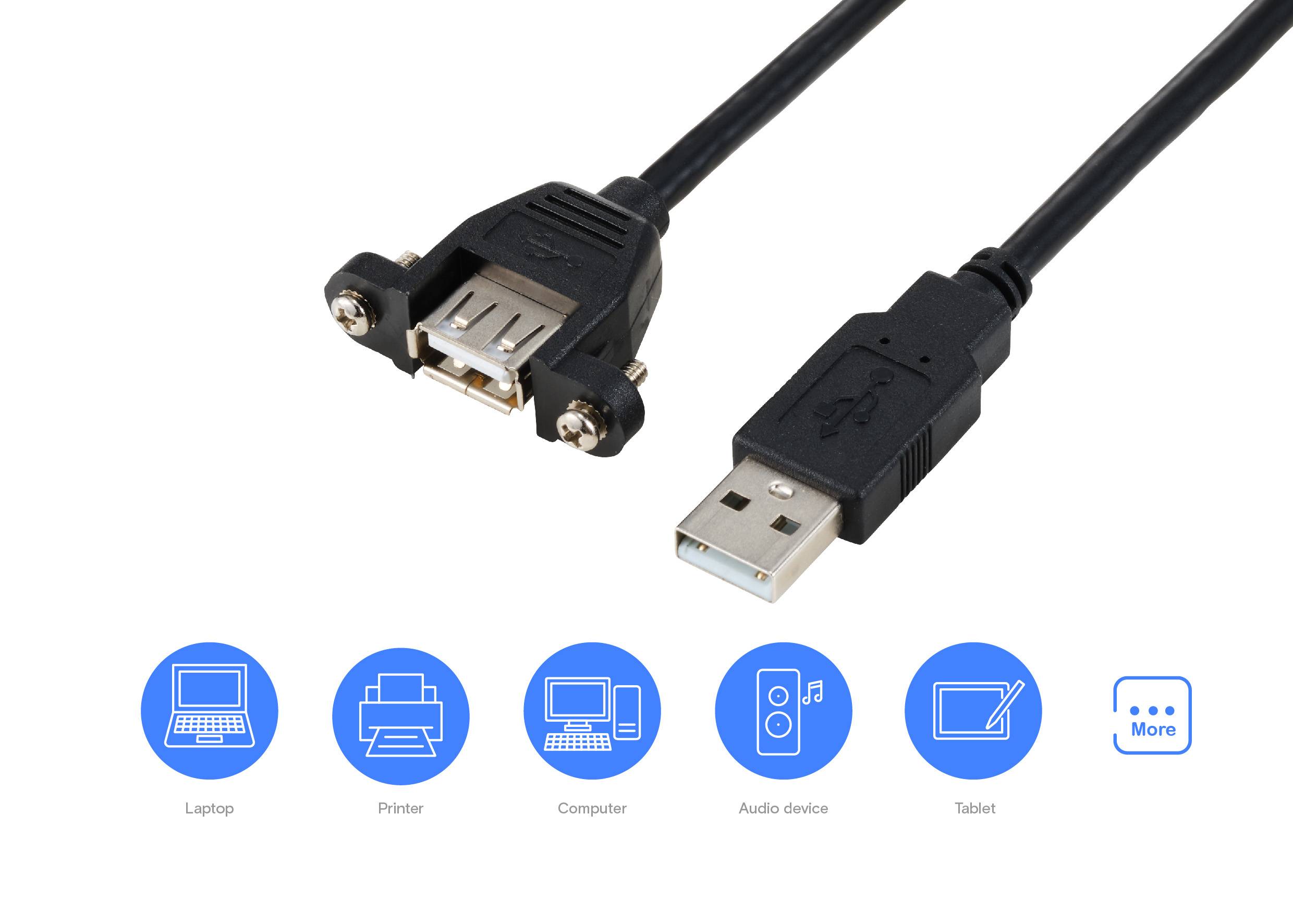 Przedłużacz USB: Czarny kabel USB z wtyczką USB-A i gniazdem USB. Poniżej symbole laptopa, drukarki, komputera, urządzenia audio i tabletu.