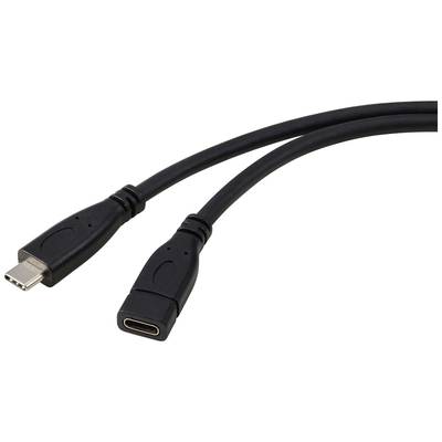 Czarny kabel USB-C z wtykiem męskim i żeńskim do przesyłania danych i ładowania urządzeń elektronicznych.