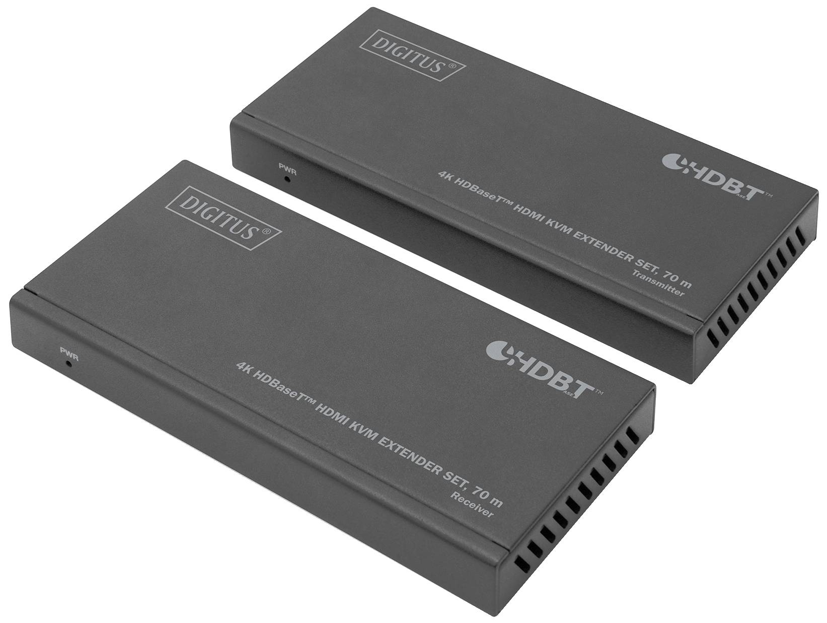 Dwa czarne przedłużacze HDMI z napisem 'DIGITUS 4K HDMI KVM EXTENDER SET - 70 m', które są używane do transmisji sygnału.