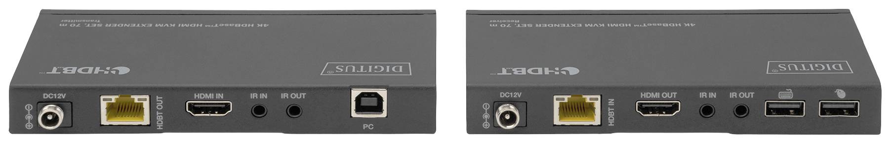 Dwa czarne urządzenia elektroniczne z wieloma portami, w tym HDMI, sieciowym i USB, na białej powierzchni.