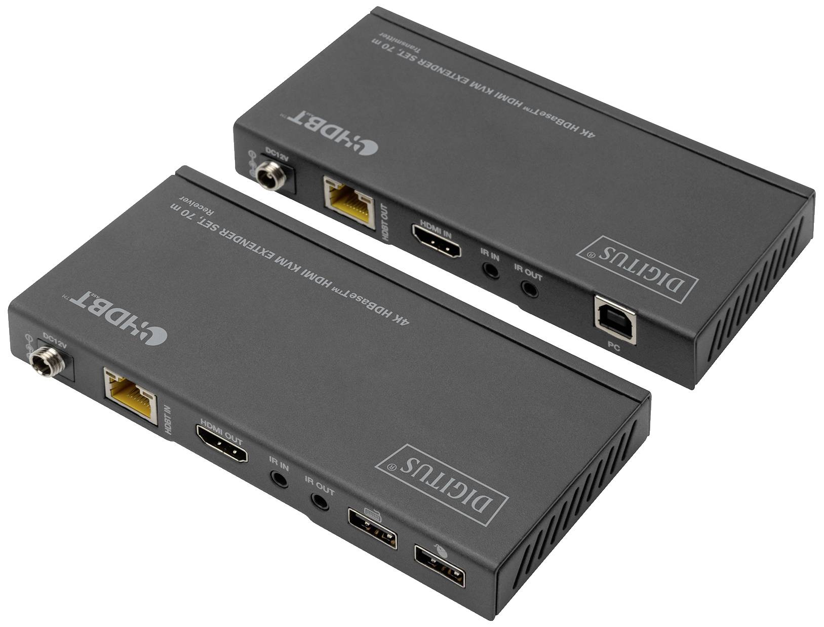 Dwa czarne przedłużacze HDBaseT z gniazdami HDMI i Ethernet, każdy z oznaczeniami i logo na górnej powierzchni.