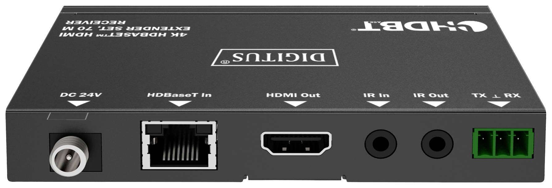 Przedłużacz HDMI z gniazdami: DC 24V, HDBaseT, HDMI Out, IR In, IR Out, oraz TX i RX. Nadruk marki 'DIGITUS'.