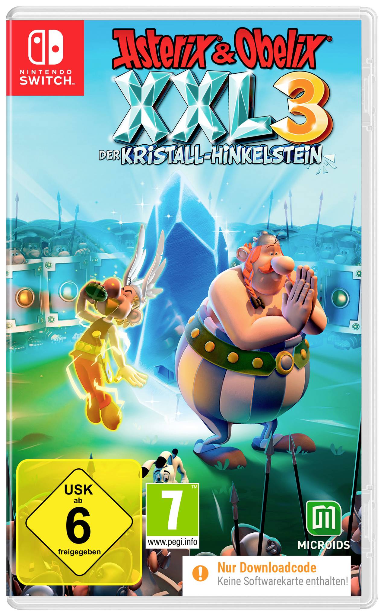 Okładka Nintendo Switch gry Asterix & Obelix XXL 3: Kryształowy Megalit z Asterixem i Obelixem w stylu komiksowym.