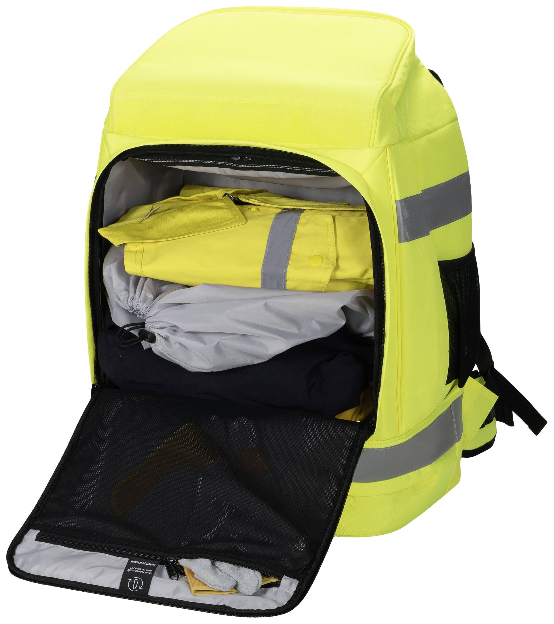 Żółty plecak z odblaskowymi paskami. Plecak jest otwarty i zawiera złożone ubrania w kolorach żółtym i czarnym.
