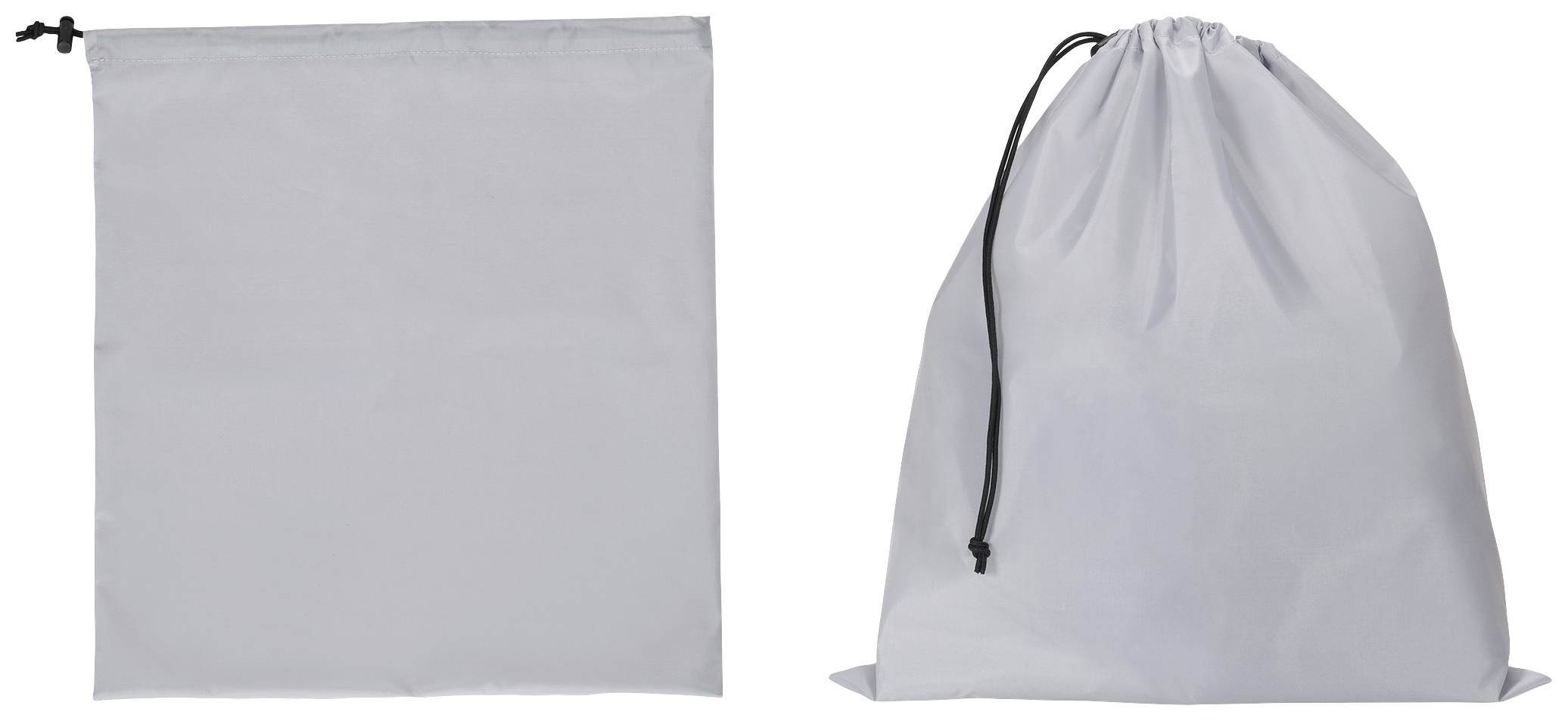 Dwa srebrzysto-szare worki: po lewej stronie płaski, prostokątny worek ze sznurkiem u góry; po prawej stronie napięty, worek w kształcie worka.