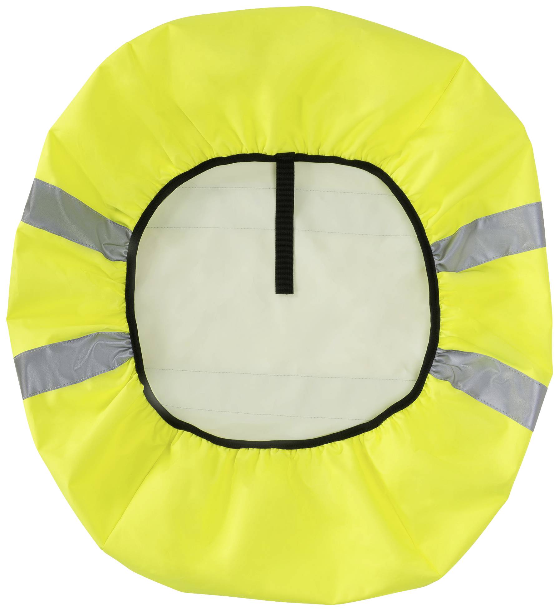 Neonowożółta, okrągła osłona przeciwdeszczowa na siodełko rowerowe z elementami odblaskowymi, zwiększająca widoczność w ruchu drogowym.