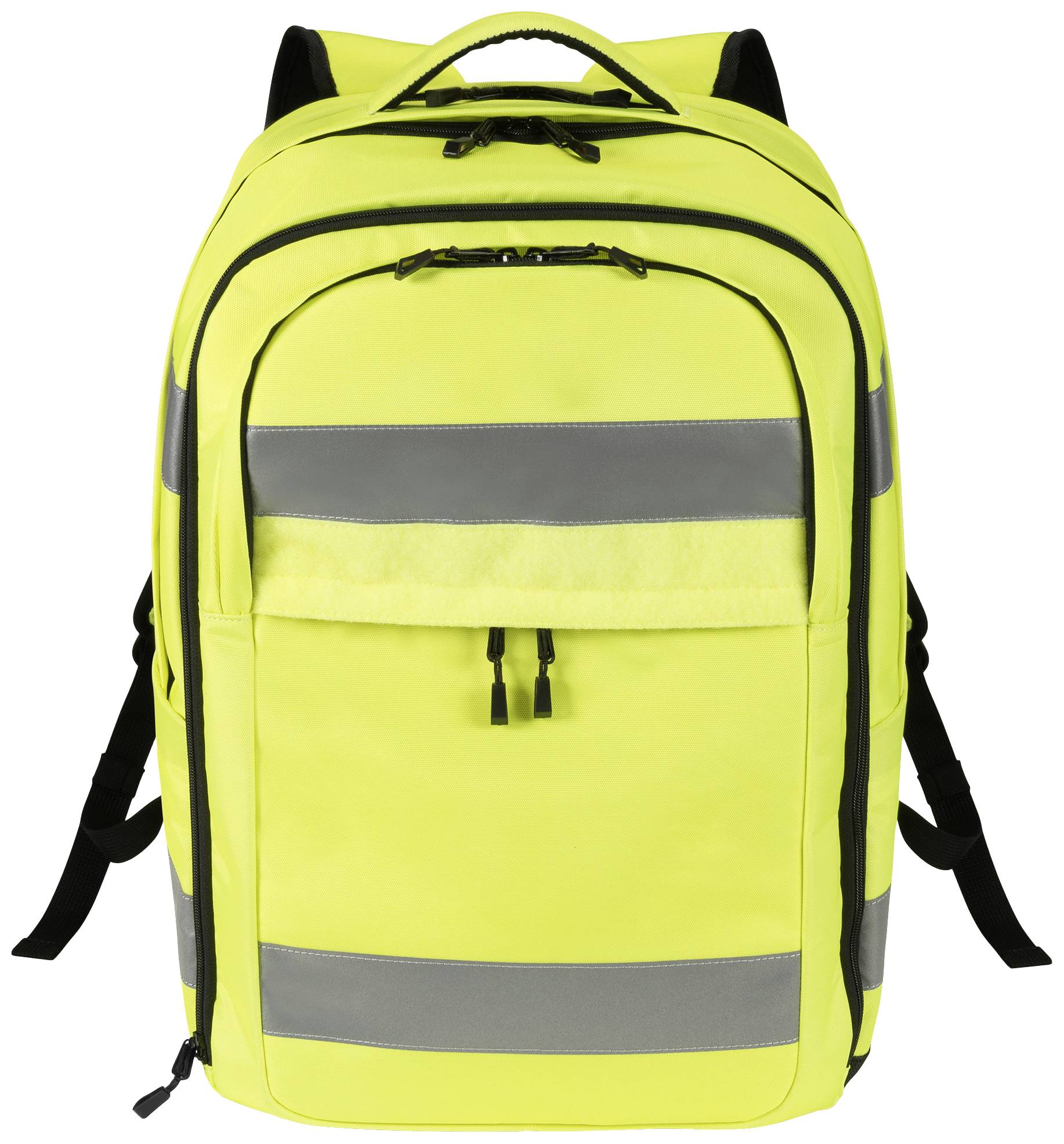 Żółty plecak z dwoma srebrnymi paskami odblaskowymi, kilkoma kieszeniami na zamek i czarnymi paskami na ramiona.