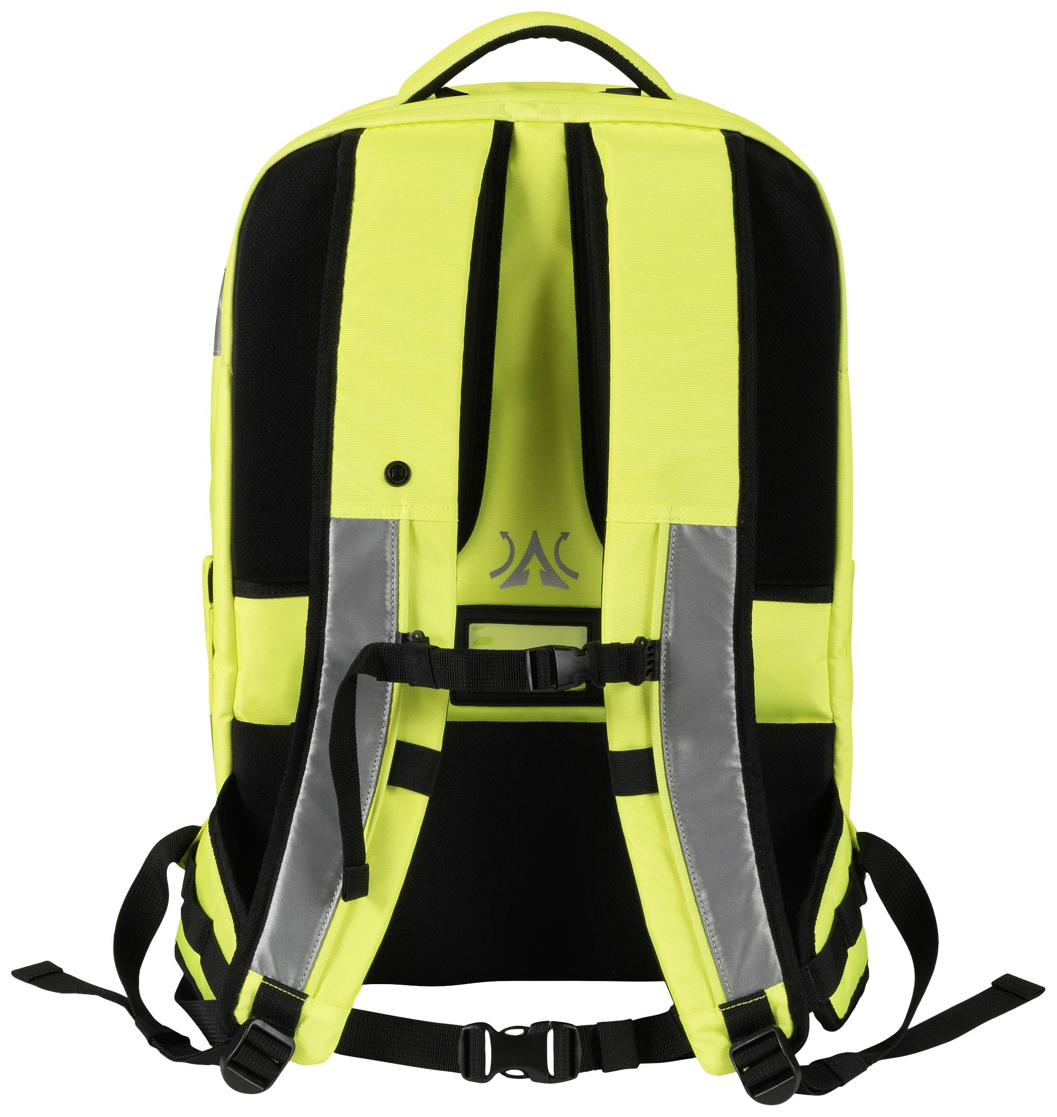 Neonżółty plecak z czarnymi i odblaskowymi pasami. Dwa szerokie szelki i uchwyt u góry.