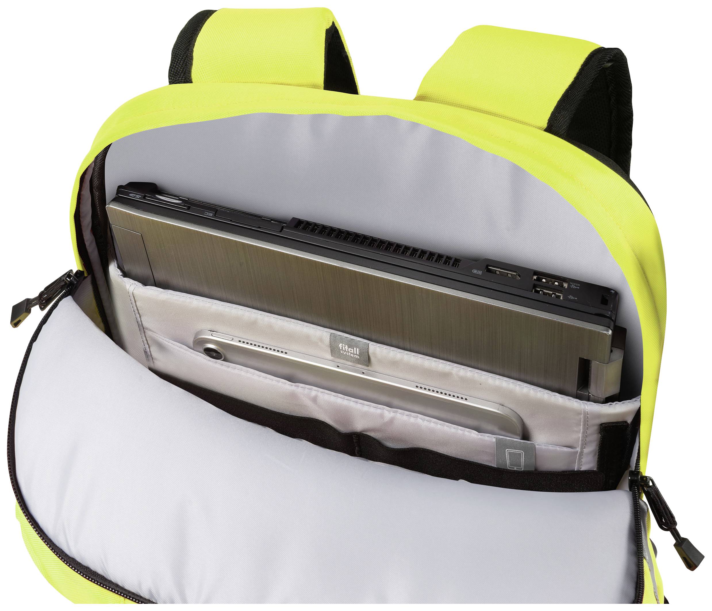 Jasny, żółty plecak z otwartą główną komorą, w której obok siebie ułożone są laptop i tablet.