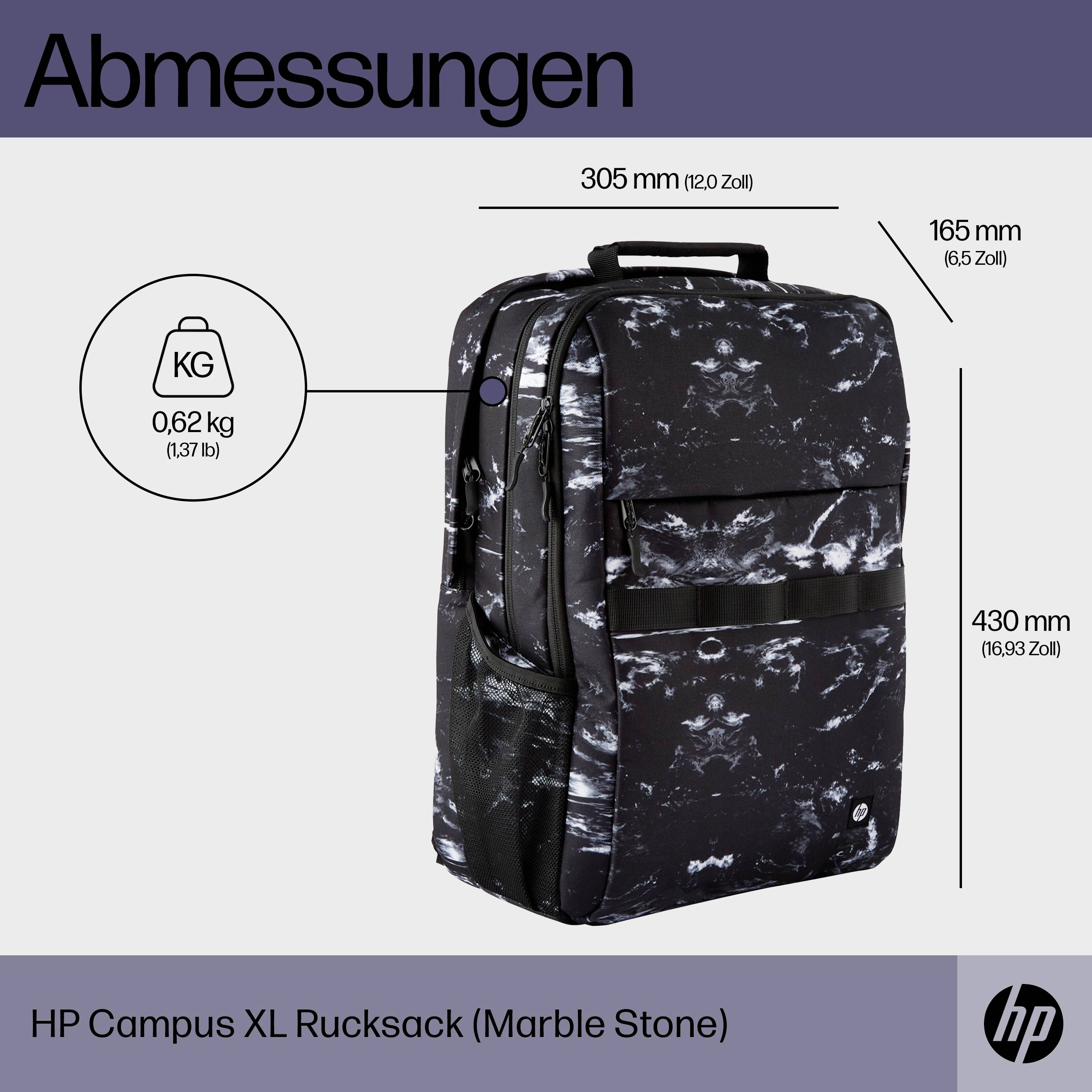 Plecak HP Campus XL w optyce marmuru o wymiarach 305 mm x 165 mm x 430 mm. Waga: 0,62 kg.