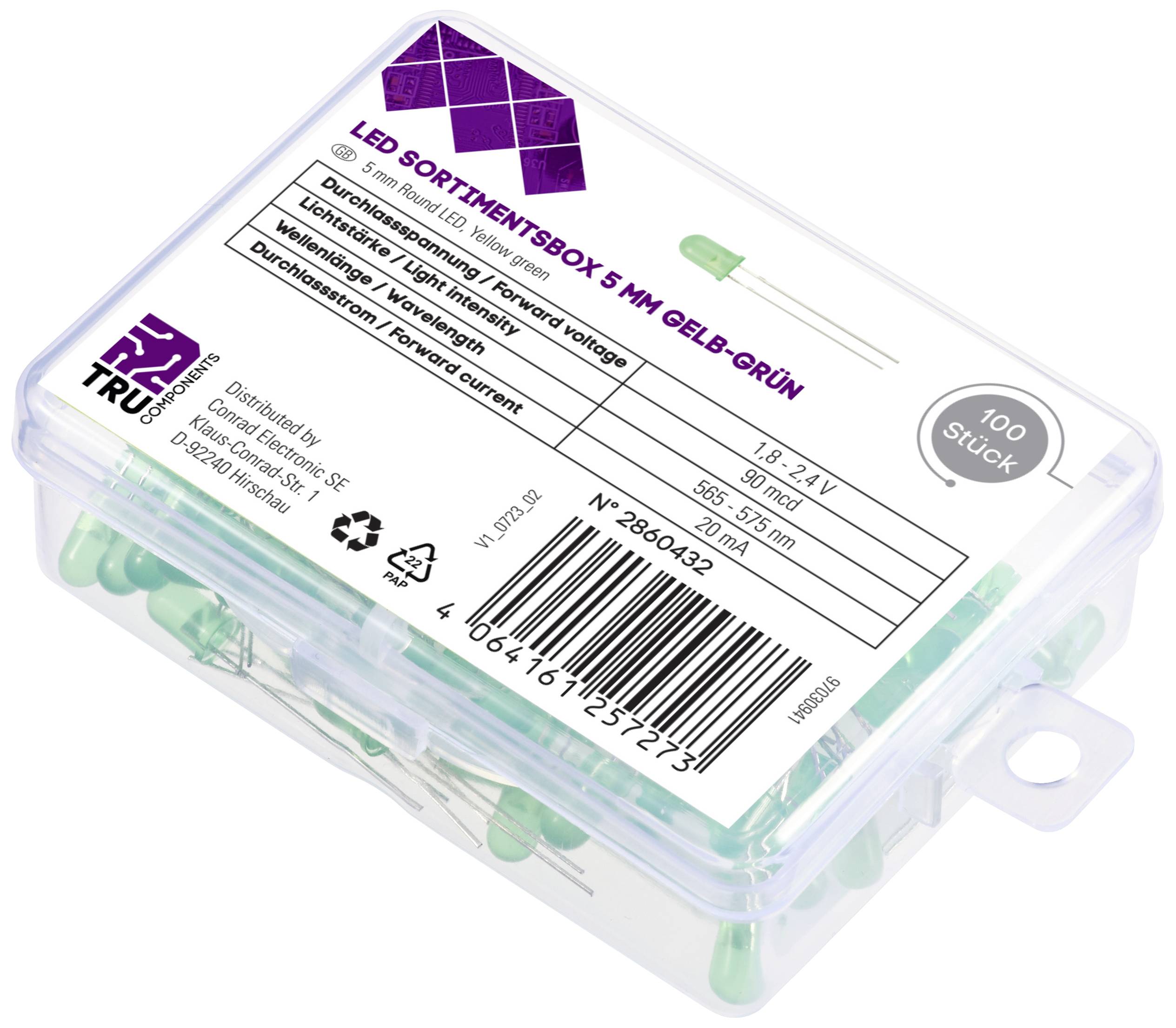 Zestaw diod LED 5 mm żółto-zielonych w komplecie, z technicznymi specyfikacjami na opakowaniu. Zawiera 100 sztuk w przezroczystym pudełku.