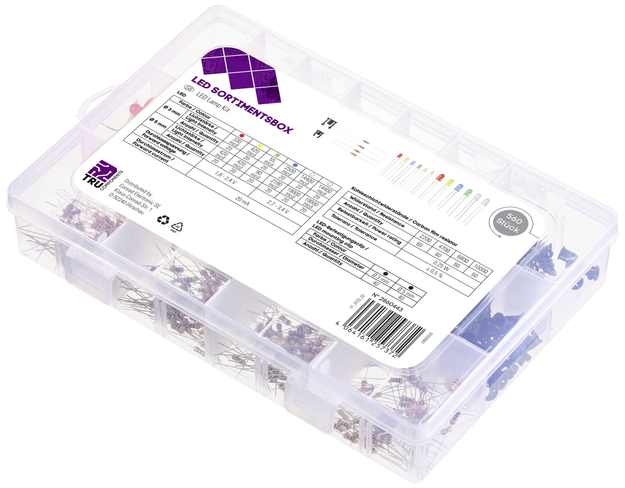 Przezroczyste pudełko z wielokolorowymi diodami LED, ułożonymi w osobnych przegródkach. Etykieta opisuje cechy produktu i dane techniczne.