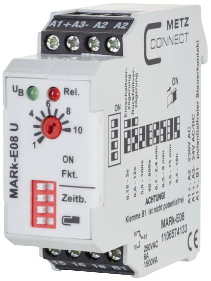 Przekaźnik czasowy firmy Metz Connect z wieloma złączami, kontrolkami i pokrętłem do regulacji czasu.