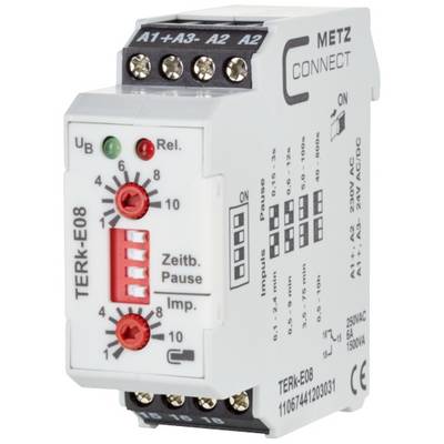 Moduł przekaźnika czasowego TERK-E08 firmy METZ CONNECT. Zawiera diody LED, pokrętło regulacyjne oraz zaciski przyłączeniowe do sterowania i dostosowywania przedziałów czasowych.