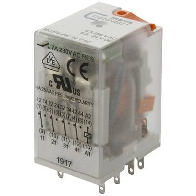 Przezroczysty przekaźnik elektryczny z zaciskami i specyfikacjami technicznymi na obudowie, w tym napięciem i natężeniem prądu.