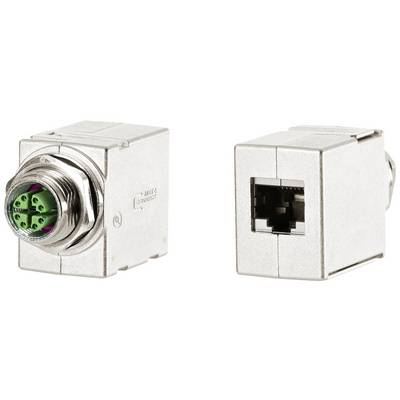 Metalowy adapter modułowy z M12 na RJ45, przedstawiający przednią i tylną stronę. Po lewej złącze M12 z gniazdem, po prawej otwór złącza RJ45.