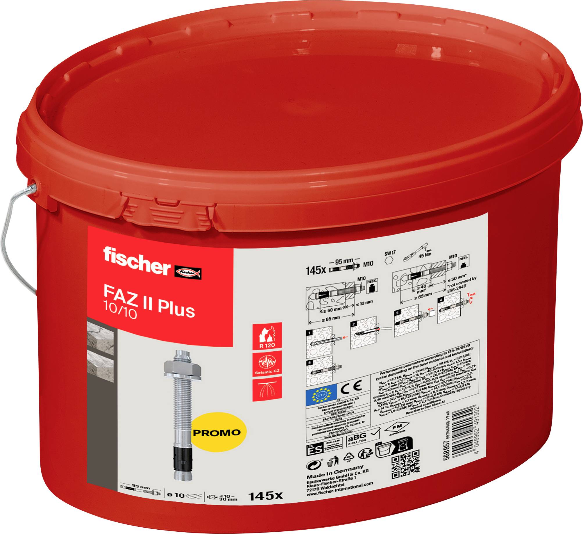 Fischer 568857 FAZ II Plus 10/10 Eimer (145) Kotwa klinowa 95 mm 10 mm 145 szt.