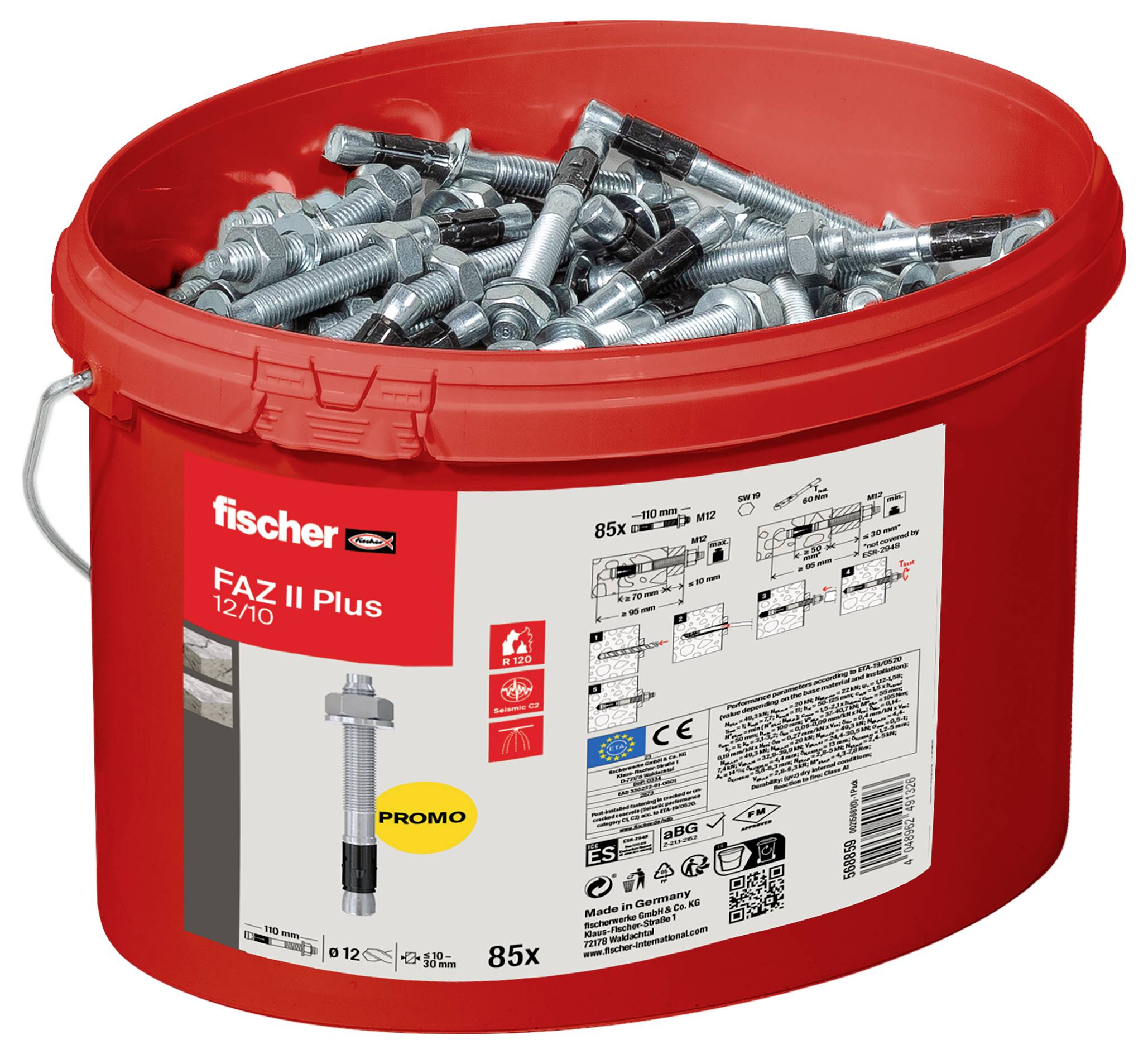 Czerwowe wiadro oznaczone etykietą 'fischer FAZ II Plus 12/10' zawiera multiple metalowe śruby. Etykieta szczegółowo opisuje specyfikacje i zastosowanie produktu.