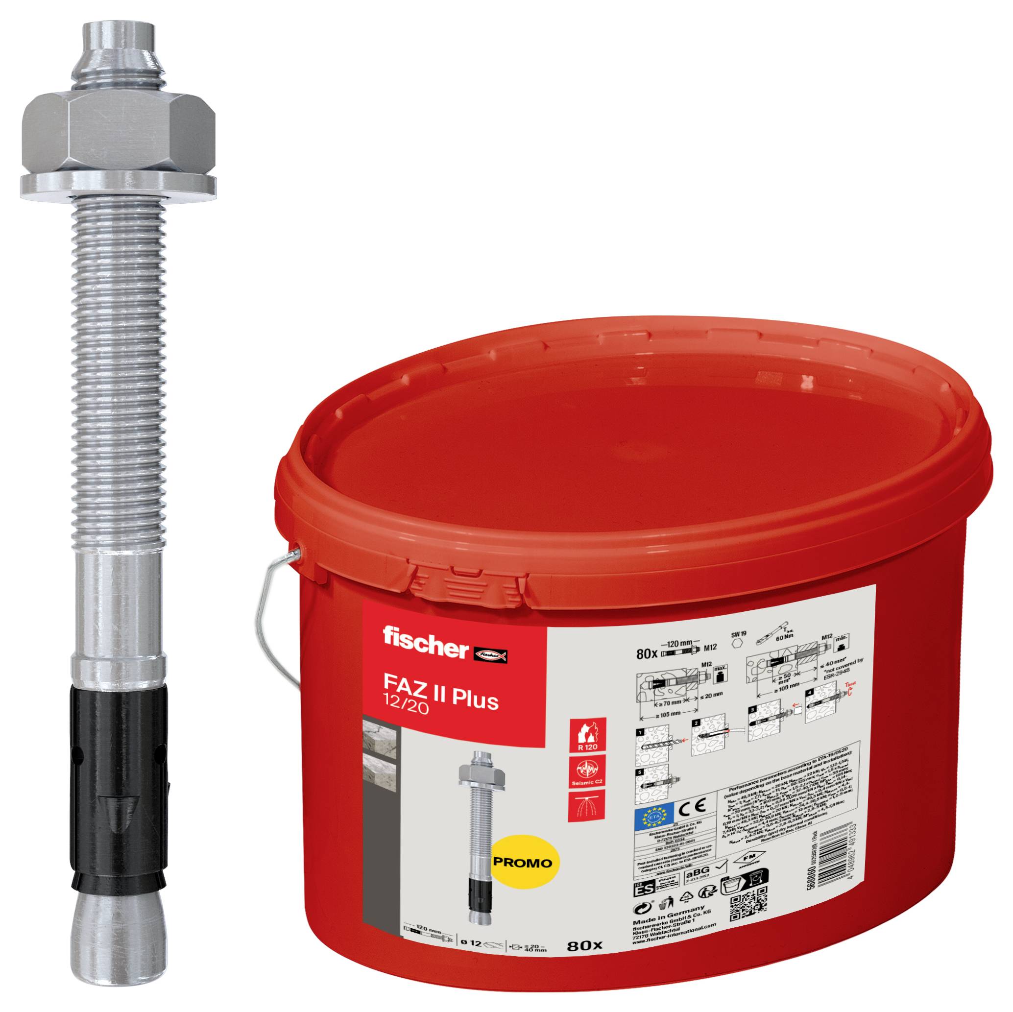 Czerwony plastikowy pojemnik 'Fischer FAZ II Plus' obok metalowego kotwy mocującej, stosowany w zastosowaniach wymagających mocowania ciężkich elementów.